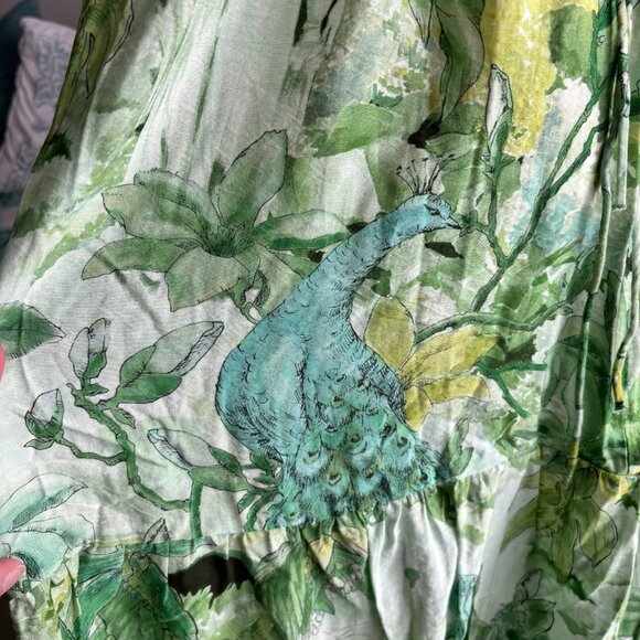 H&M BEAUTIFUL PEACOCK AND PLANTS DESIGN, GREEN LONG DRESS, SZ. M - Picture 4 of 12